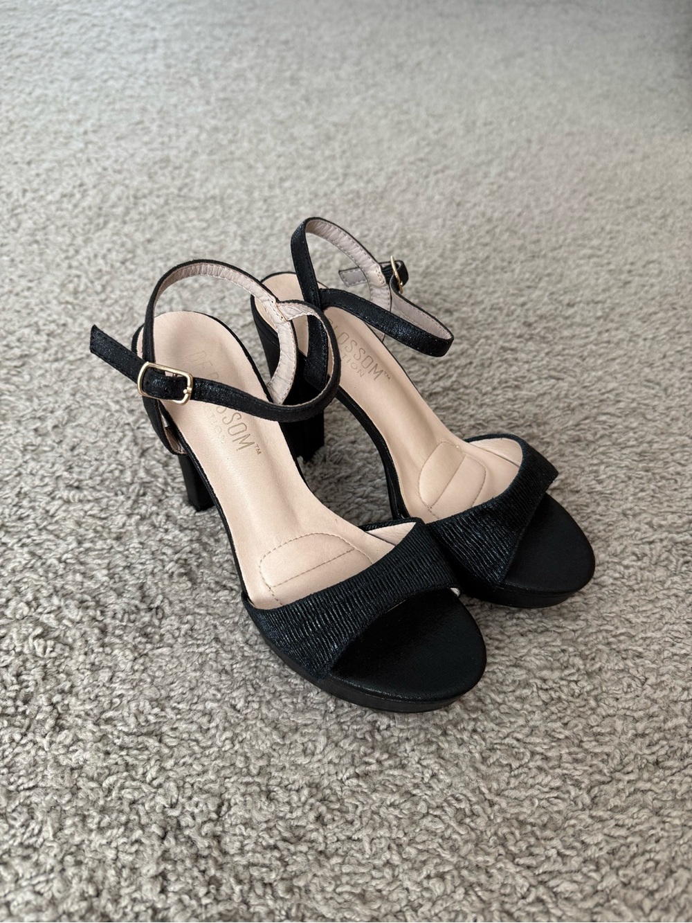 Black/Dark Blue Ankle-Strap Block Heels